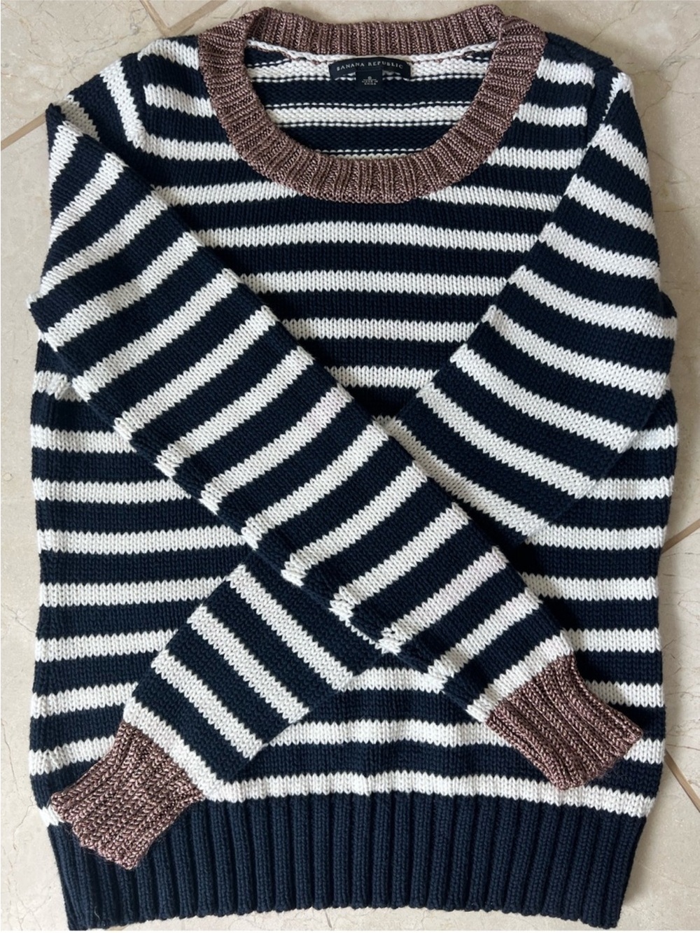 Banana Republic 100% Cotton Striped Crewneck Sweater Navy White Gold Metallic S